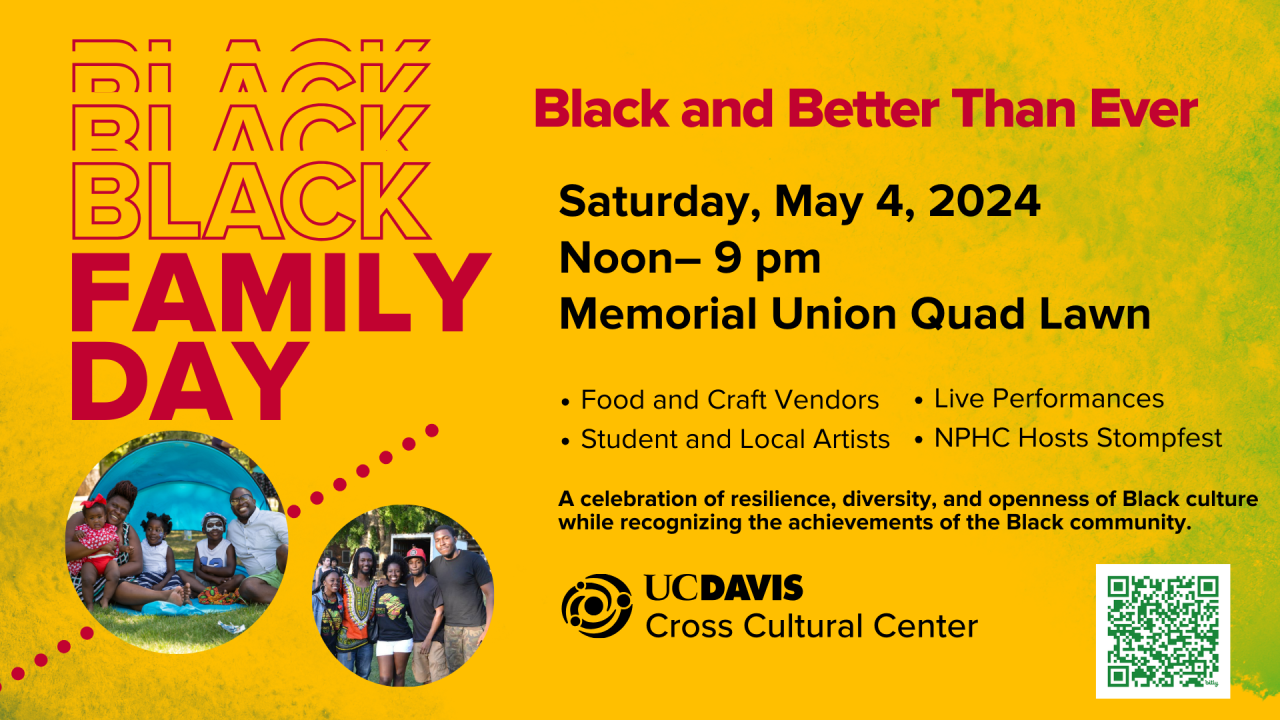 Flyer for Black Family Day at the UC Davis Quad on May 4, 2024 from noon to 9 pm
