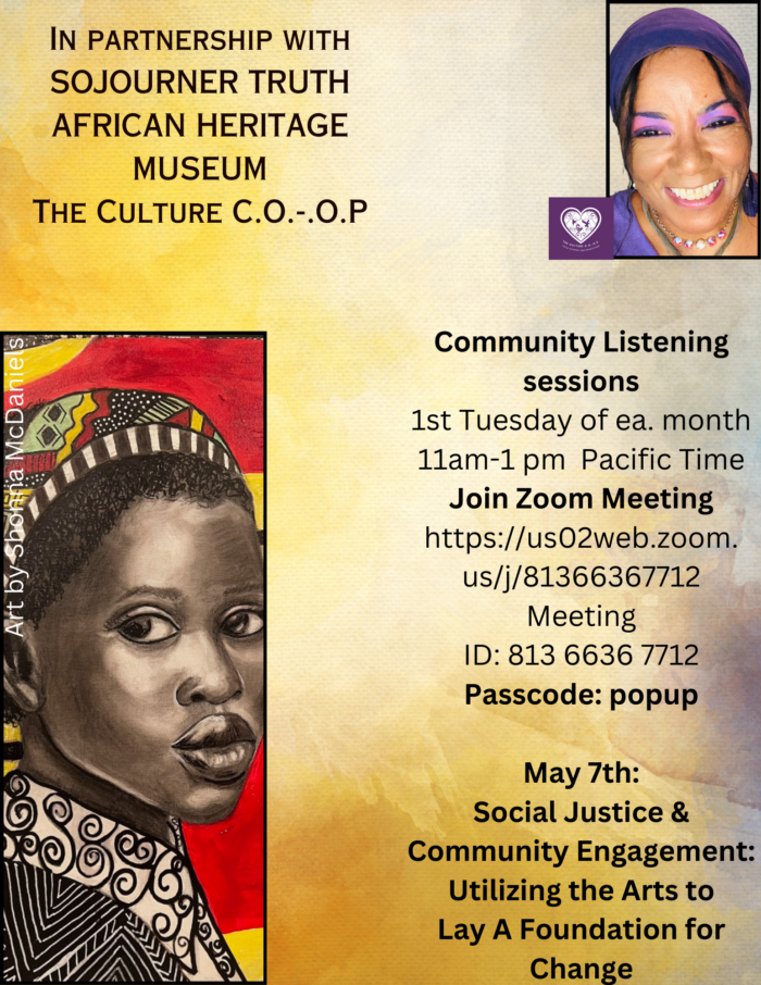 Flyer for the May 7th session of Social Justice and Community Engagement: Utilizing the Arts to Lay A Foundation for Change