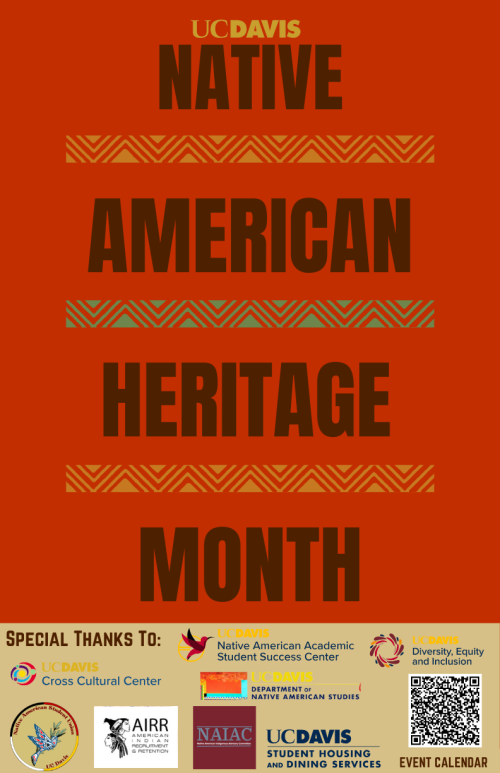 A flyer for Native American Heritage Month at UC Davis with sponsors listed