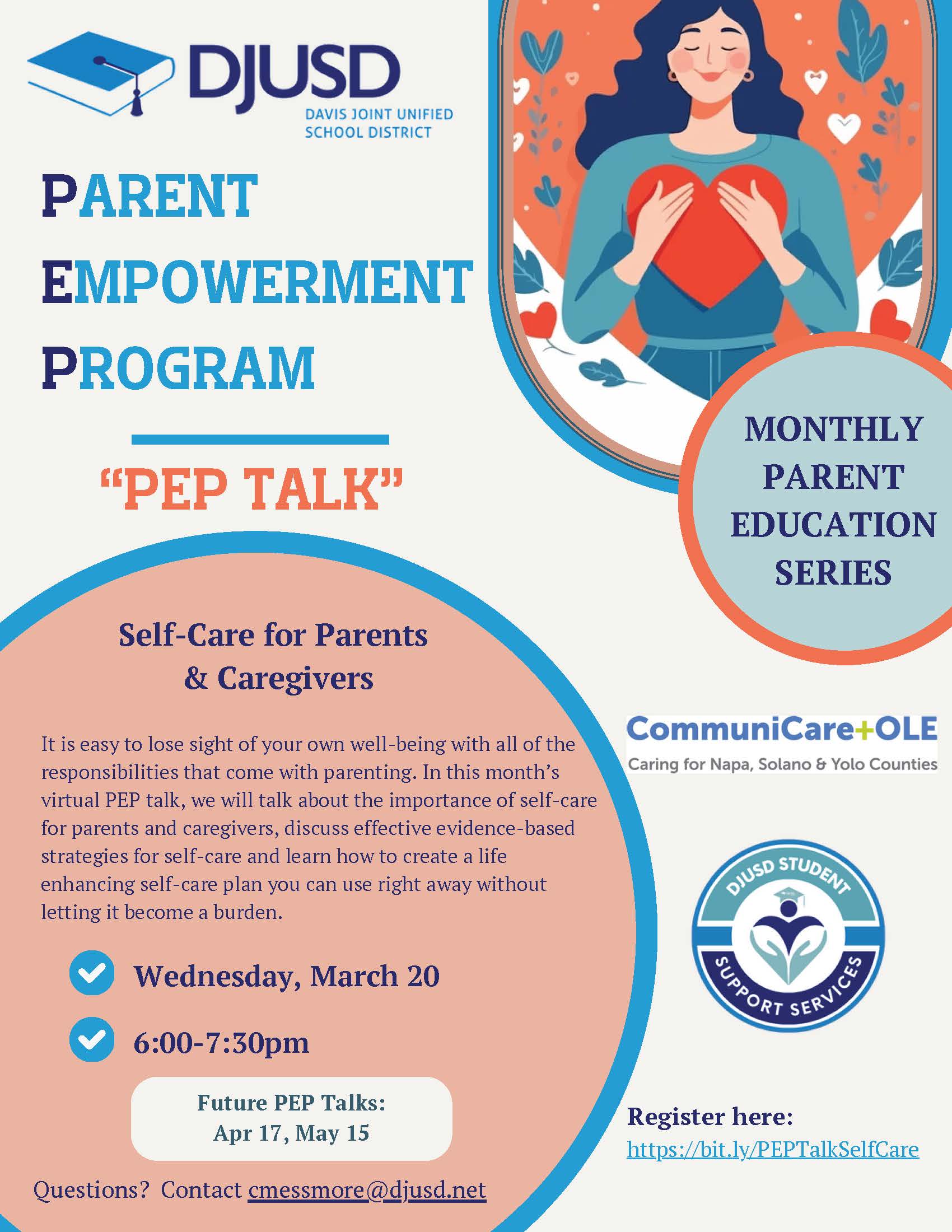 A flyer for a Davis Joint Unified School District zoom meeting for Self Care for Parents and Guardians
