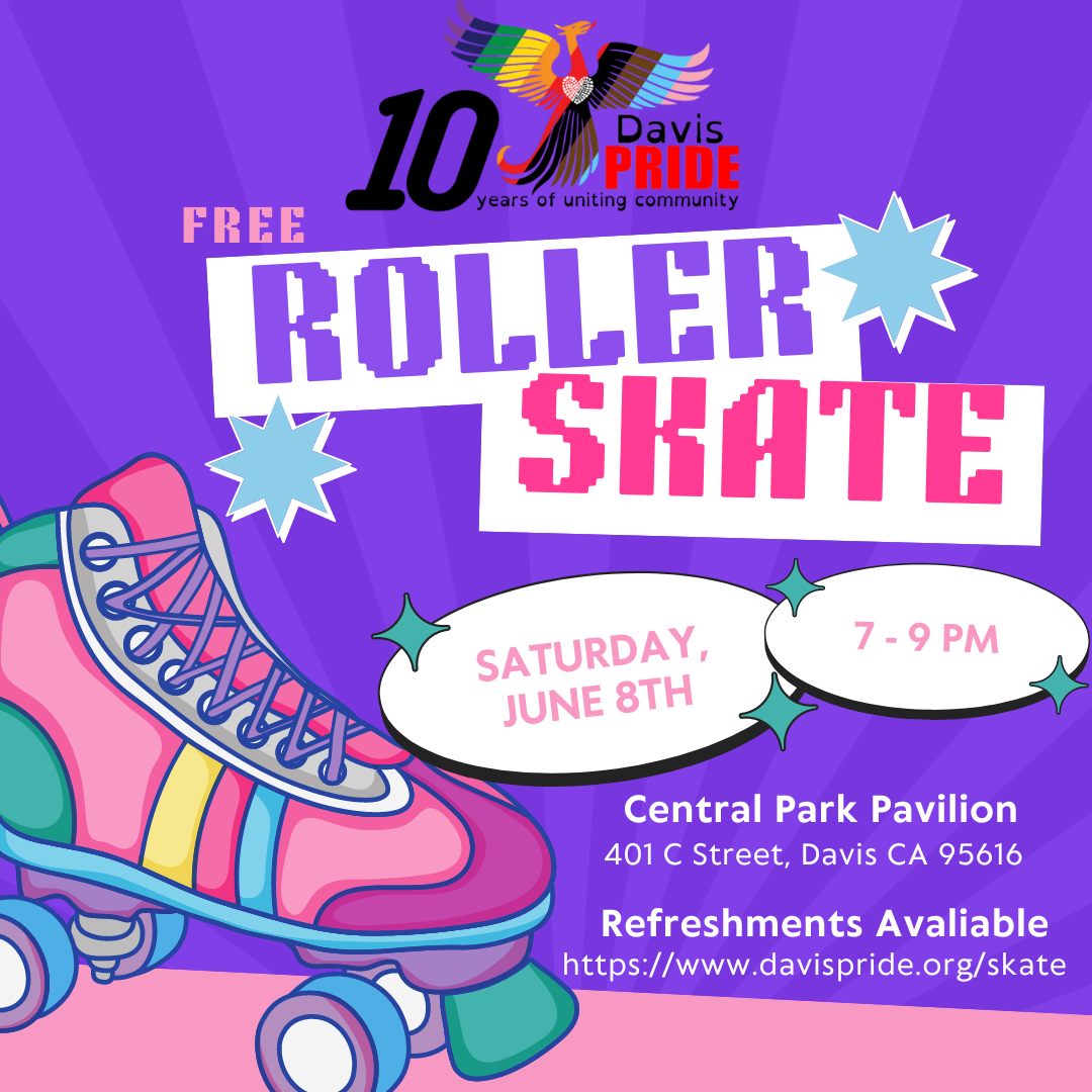 A flyer for Roller Skate Night at the Pavilion at Davis Central Park on June 8 from 7-9 pm
