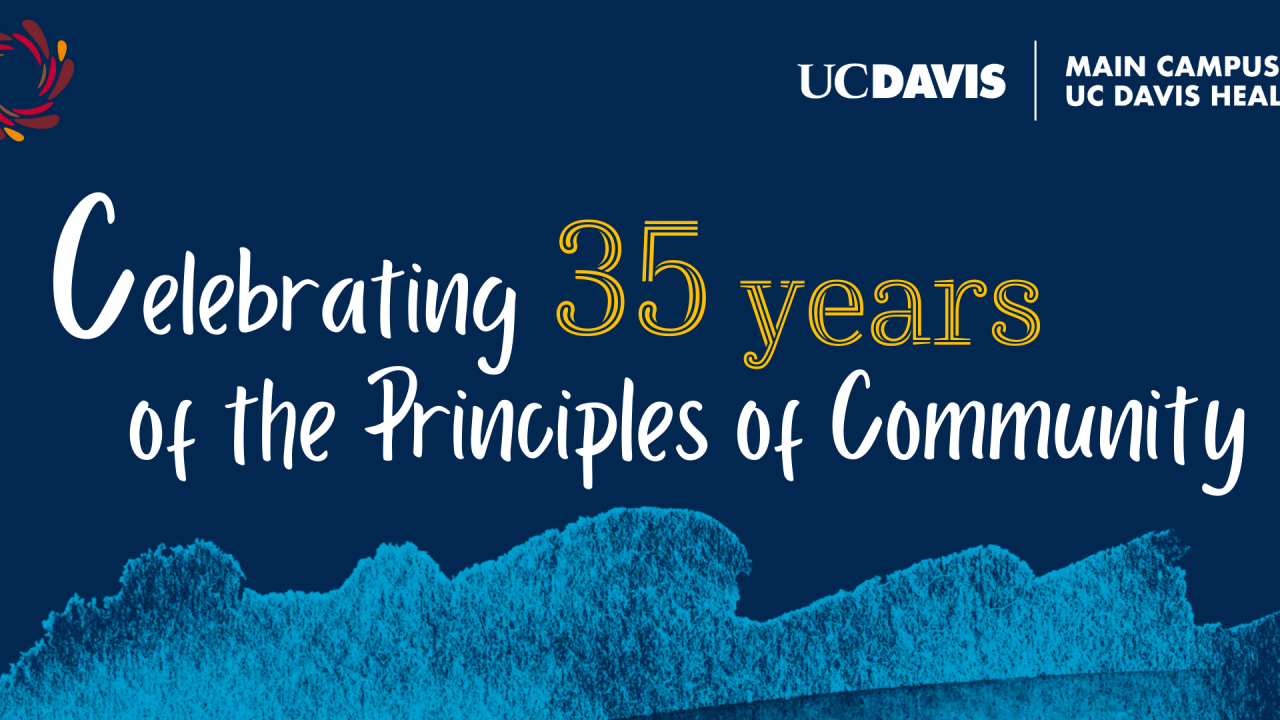 A graphic with the words Celebrating 35 Years of the Principles of Community on it and the UC Davis logo