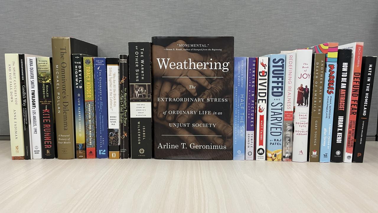 a shelf of books with "Weathering" by Arline Geronimus facing out.