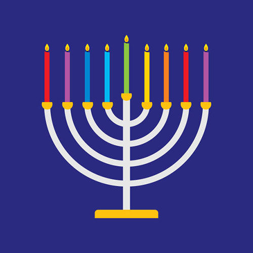 an image of a menorah with colorful and lit candles on top